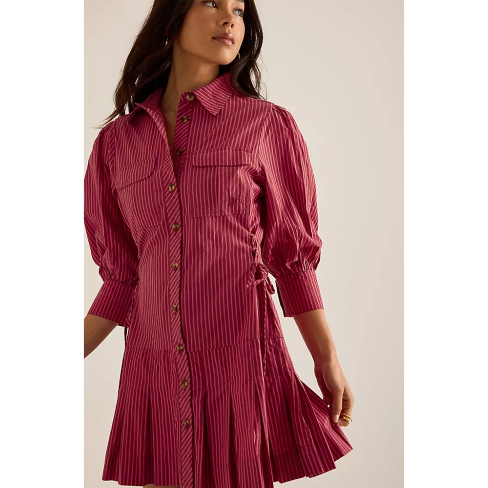 Damson Madder Maisie Mini Shirt Dress Pink Striped 100% Organic Cotton Womens 14